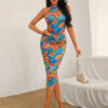 SXY NECK WRAP PRINTED BODYCON DRESS