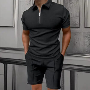 Men's Comfortable Short-Sleeved Waffle Polo Shirt And Shorts Set 