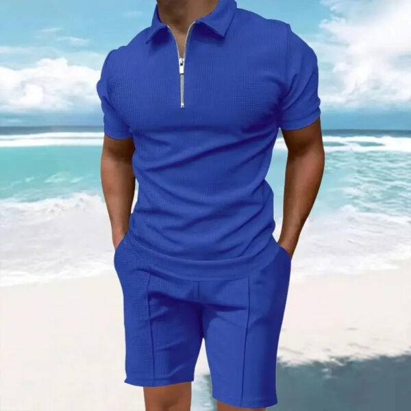 Men's Comfortable Short-Sleeved Waffle Polo Shirt And Shorts Set  - Image 4