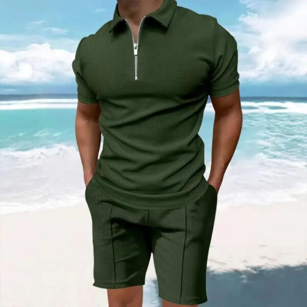 Men's Comfortable Short-Sleeved Waffle Polo Shirt And Shorts Set  - Image 2