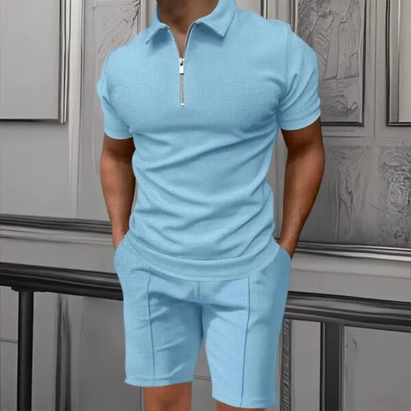 Men's Comfortable Short-Sleeved Waffle Polo Shirt And Shorts Set  - Image 3