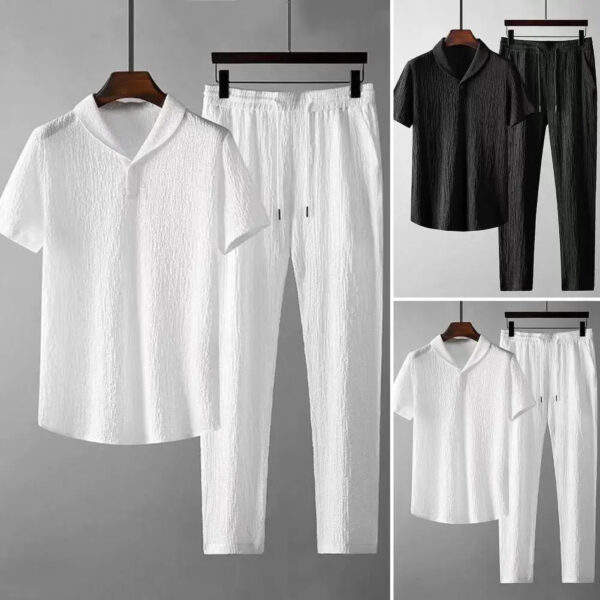 2Pcs Classic Lightweight Men Outfit Turn-down Collar Short Sleeve Shirt  - Image 4