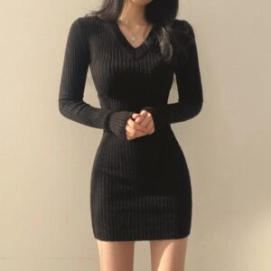TEROKK V-NECK KNITTED SLIM FIT STRETCHY LONG SLEEVE MINI DRESS